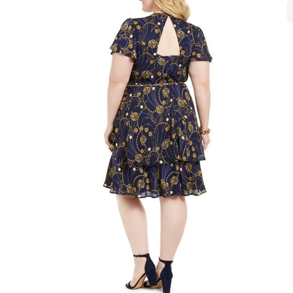 Women’s Dress Short Sleeve Belt Teeze Me Navy Gold Tiered Fit Flare - Picture 3 of 7